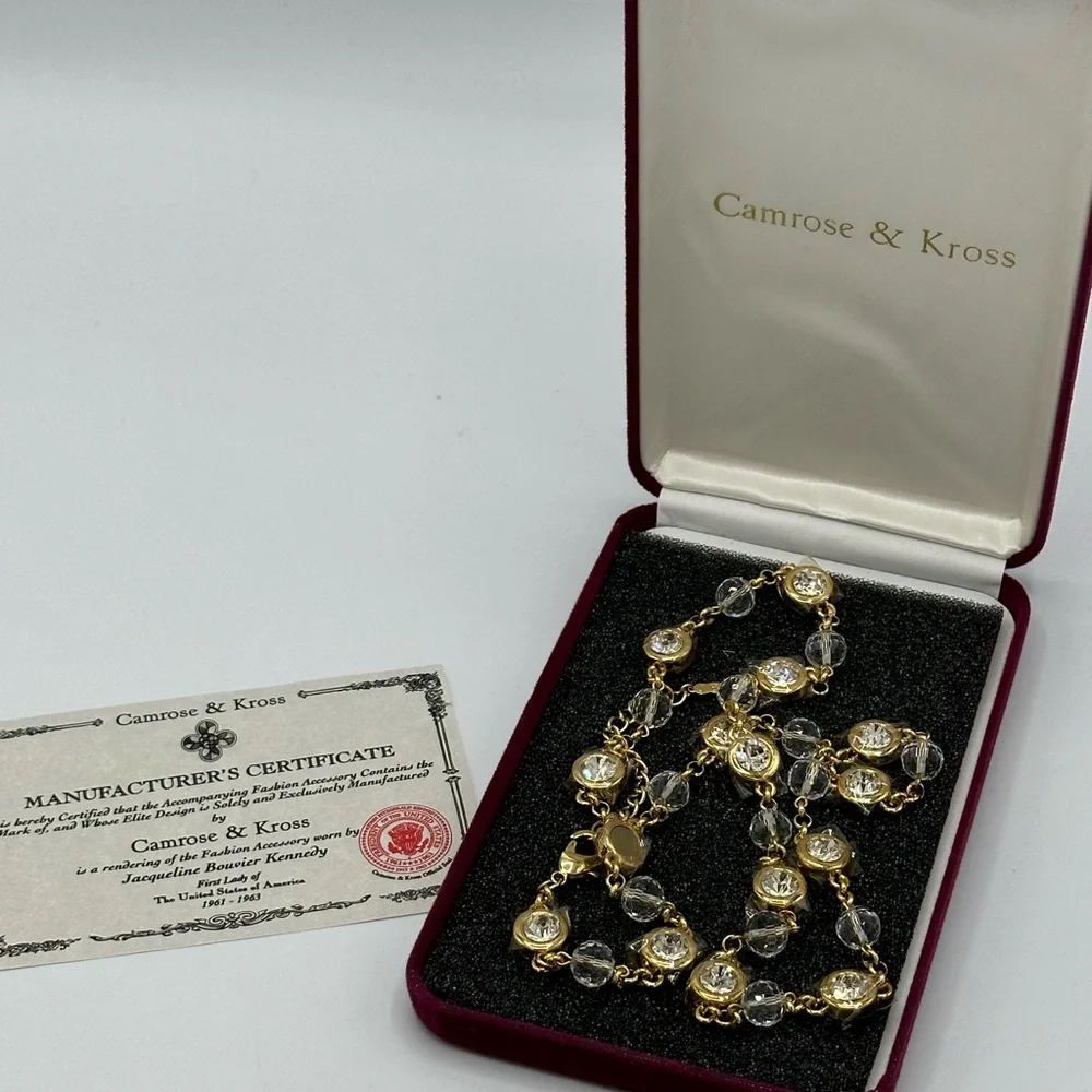 Camrose and Kross Goldtone Faceted Crystal Bezel Set Chain Necklace NIB COA